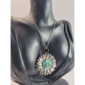 Blue Rose Flower Pendant Necklace Silver Tone Statement Floral Jewelry